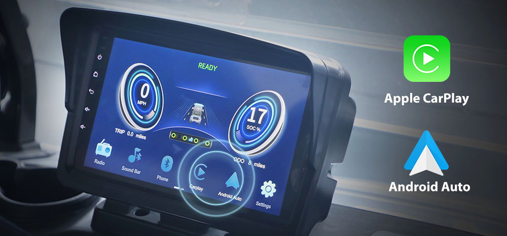 Evolution golf cart touchscreen Apple CarPlay dashboard
