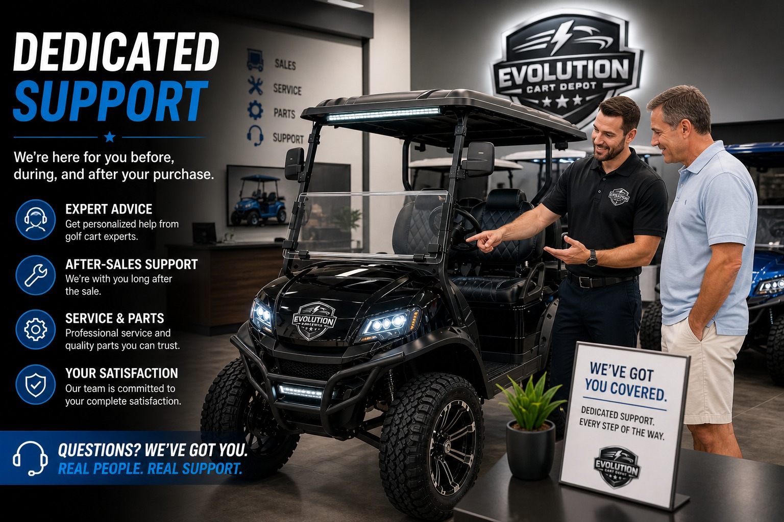 Evolution Cart Depot team member assisting customer with D-MAX XT4 golf cart in showroom