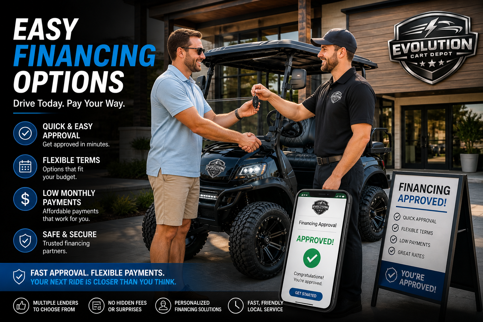 Customer receiving keys for Evolution D-MAX XT4 golf cart with easy financing approval