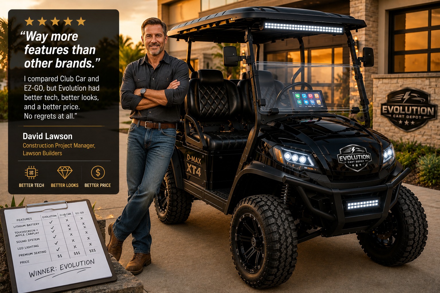 Satisfied Evolution D-MAX XT4 owner beside luxury lithium golf cart comparing premium features and technology