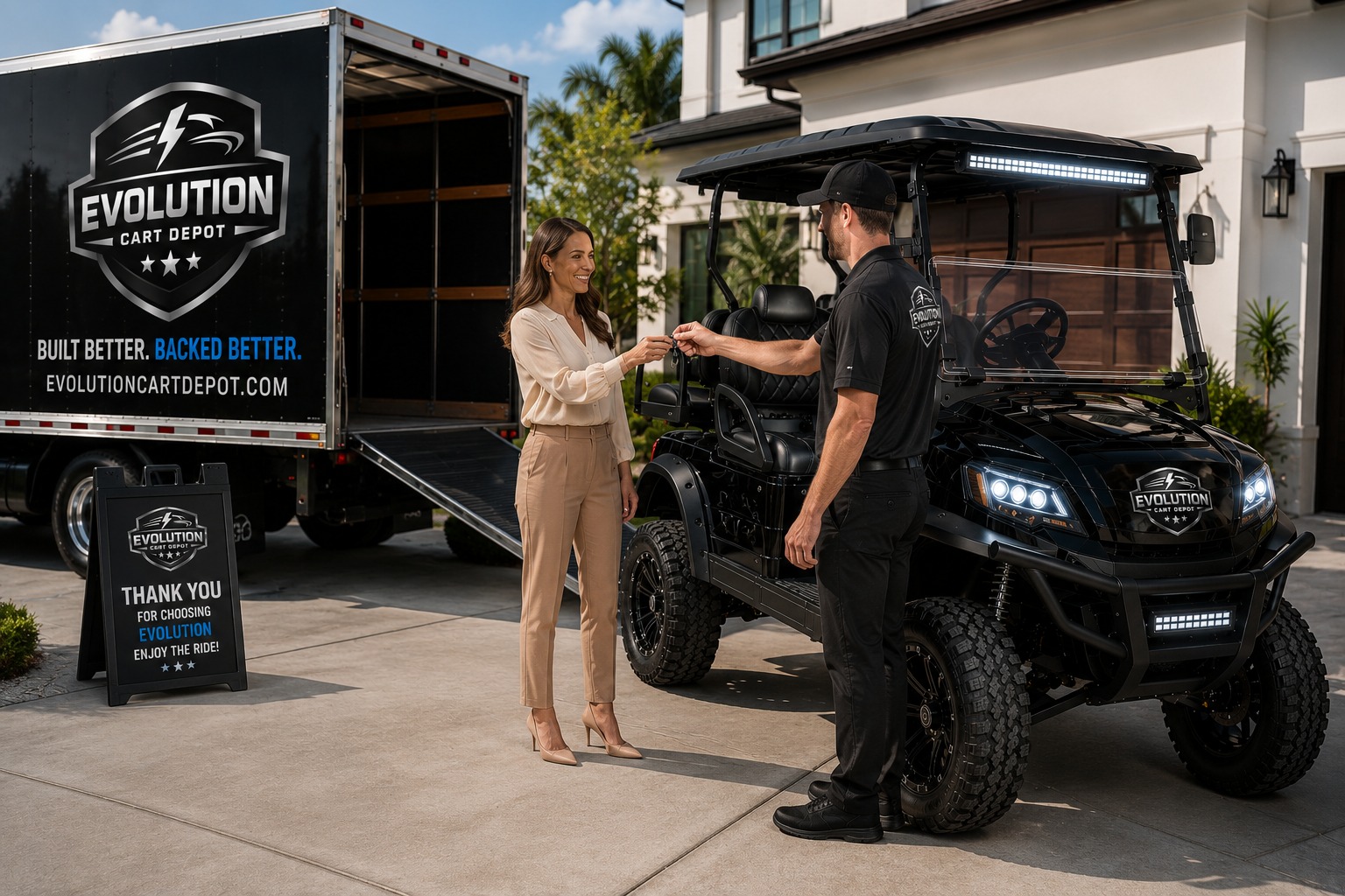 Happy customer receiving Evolution D-MAX XT4 golf cart delivery at upscale home driveway