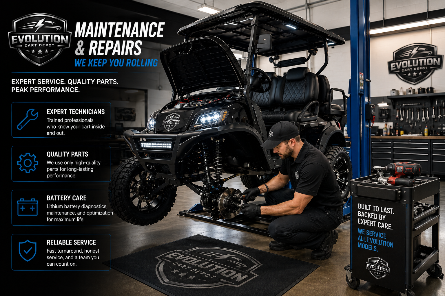 Technician servicing Evolution D-MAX XT4 golf cart in clean professional repair shop