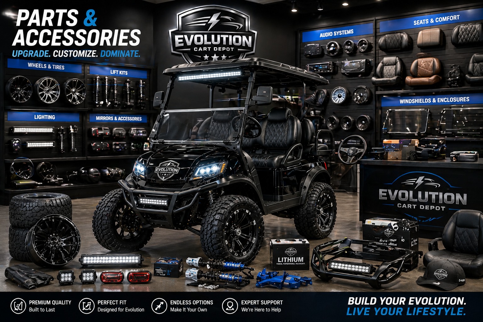 Technician inspecting lithium battery system on Evolution D-MAX XT4 golf cart