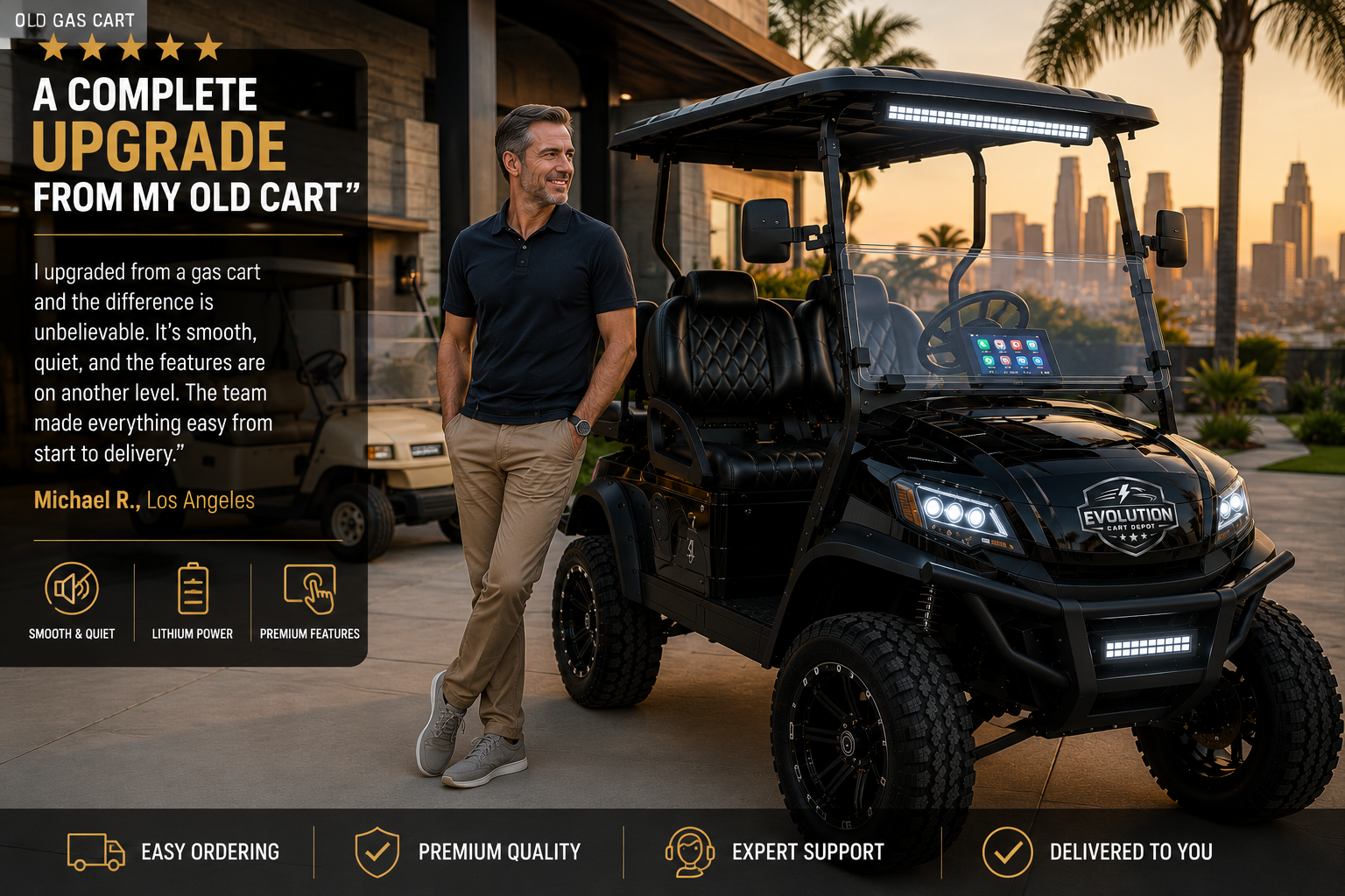 Man enjoying luxury Evolution D-MAX XT4 golf cart in upscale San Diego coastal neighborhood