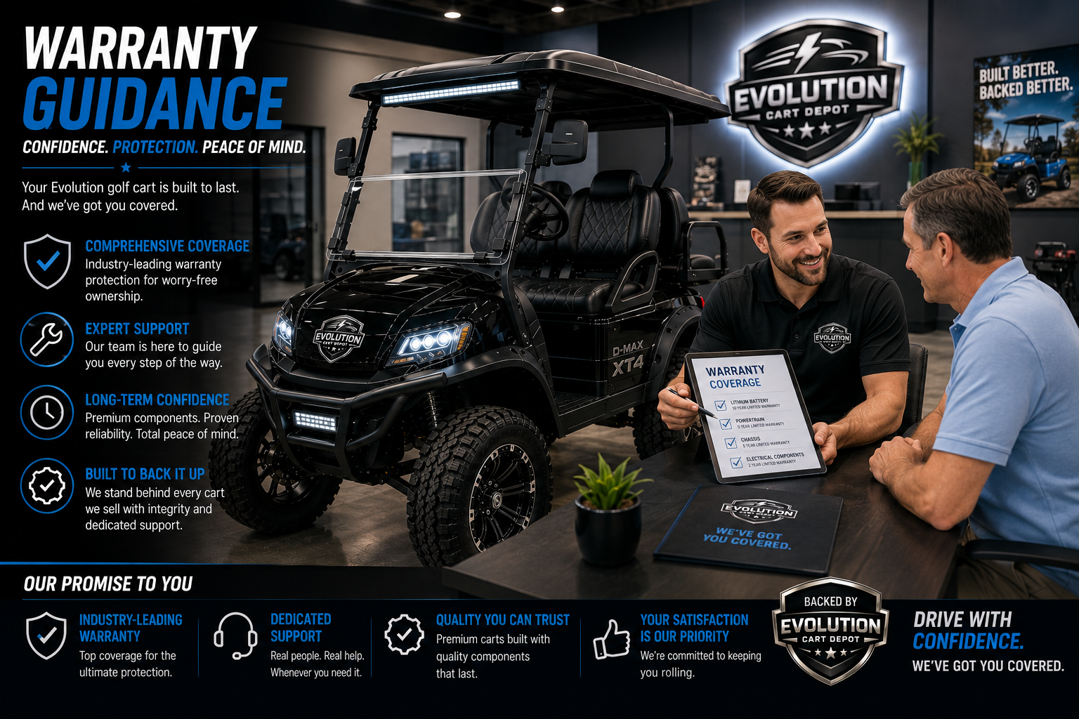 Evolution Cart Depot support specialist assisting golf cart owner beside D-MAX XT4