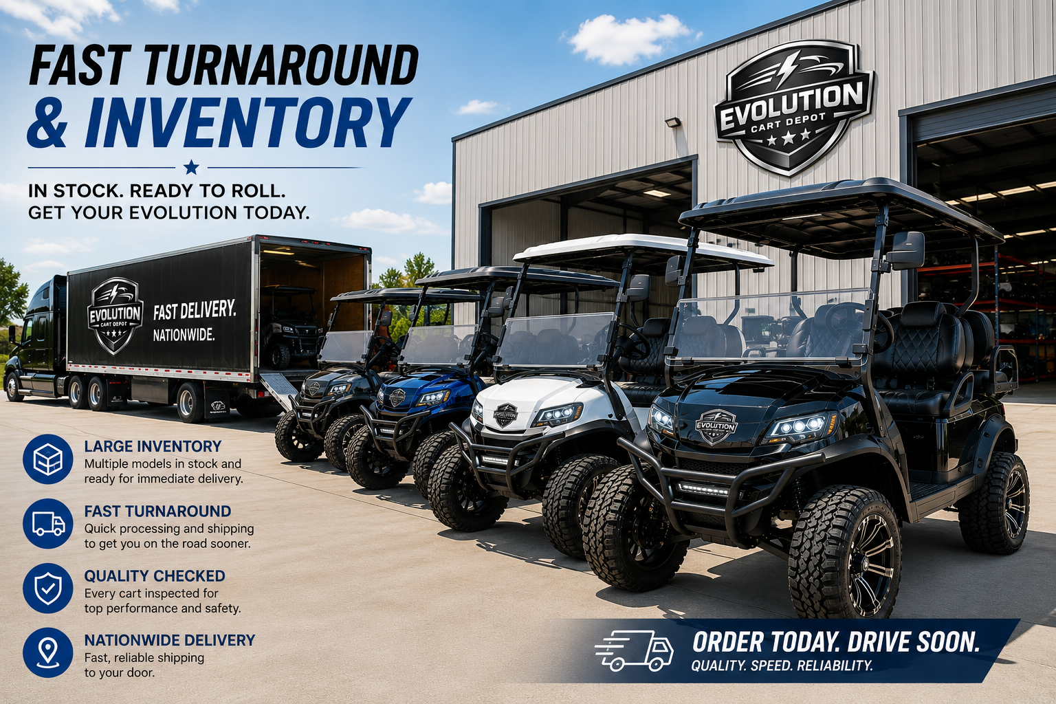 Multiple Evolution D-MAX XT4 golf carts lined up and ready for fast delivery from warehouse inventory