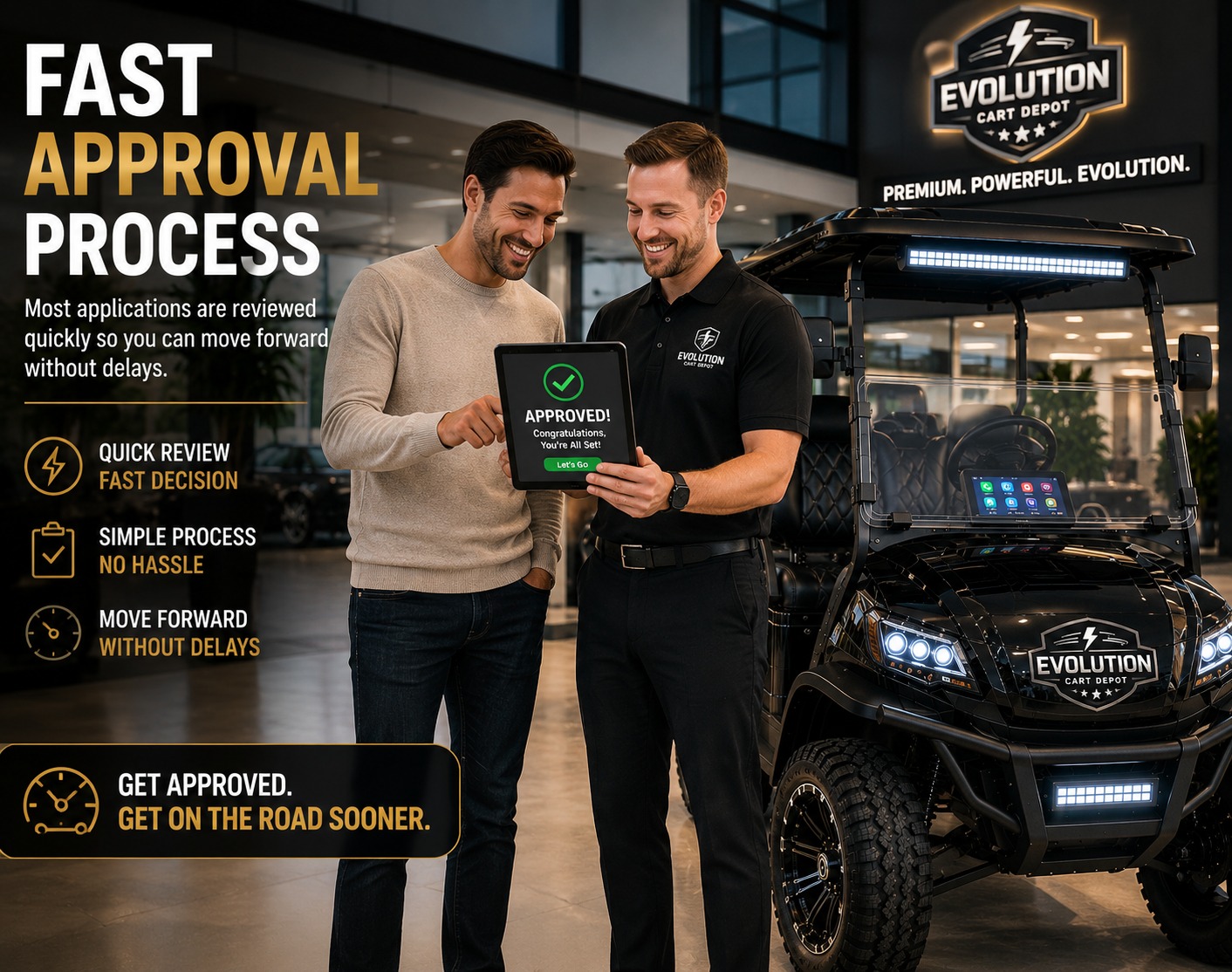 Customer receiving fast financing approval beside Evolution D-MAX XT4 golf cart in luxury showroom
