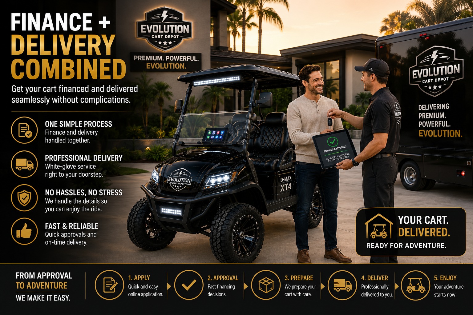 Customer completing secure financing application beside Evolution D-MAX XT4 golf cart