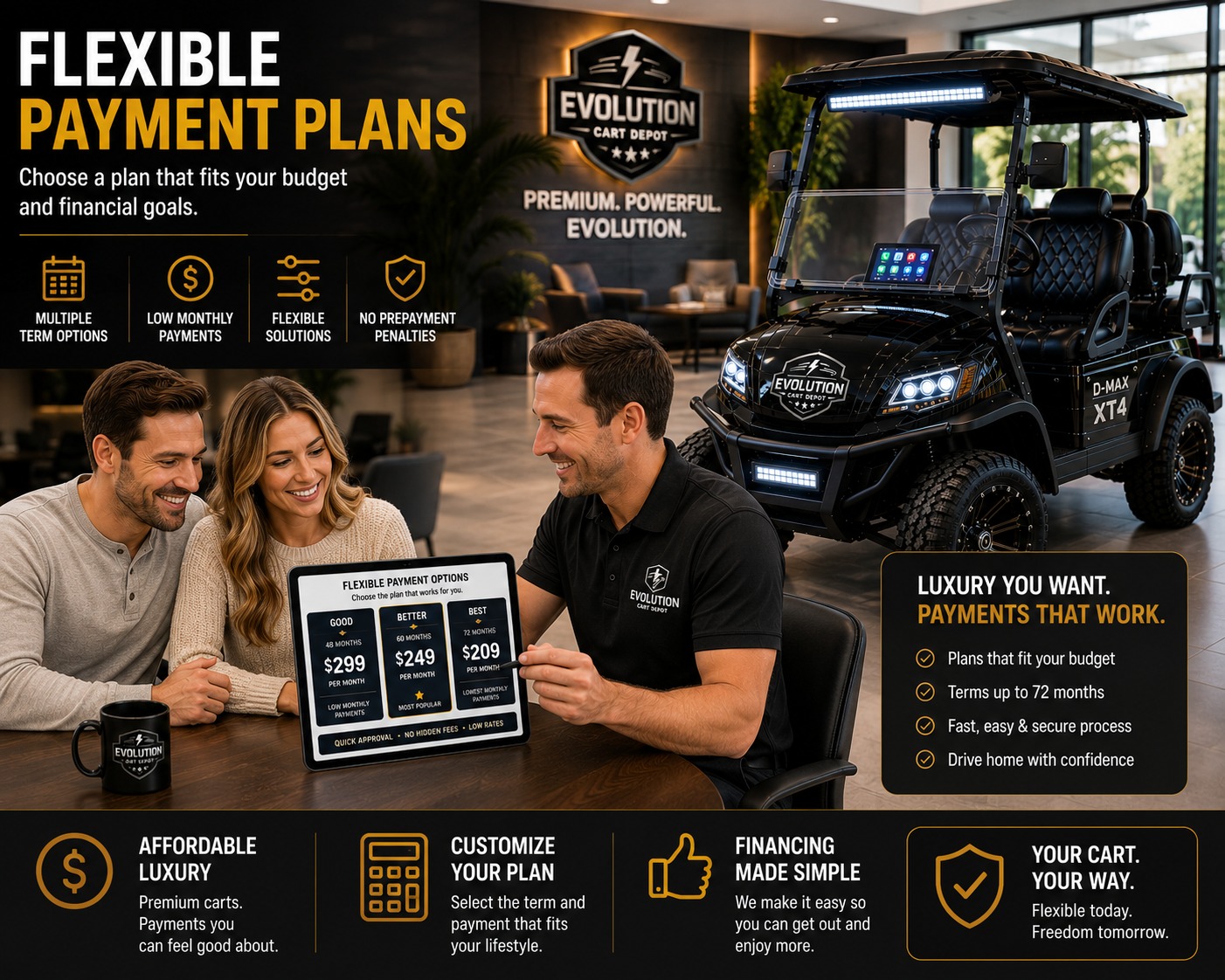 Couple reviewing flexible payment plans beside Evolution D-MAX XT4 luxury golf cart