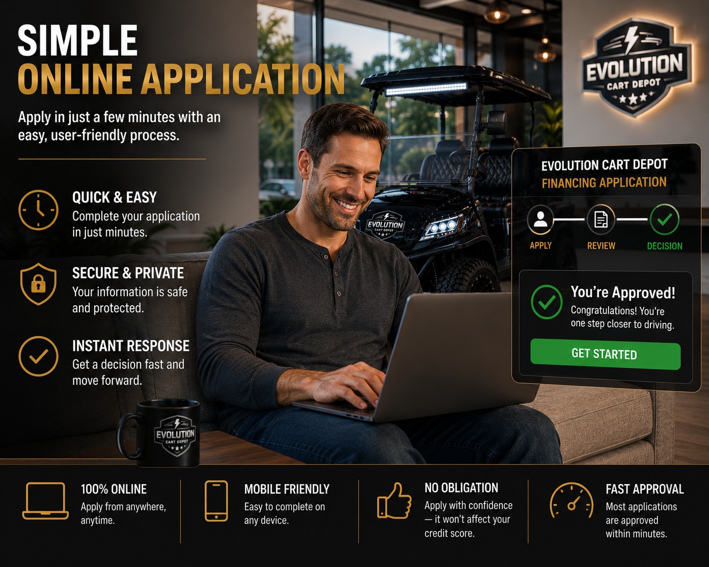 Couple reviewing flexible payment plans beside Evolution D-MAX XT4 luxury golf cart