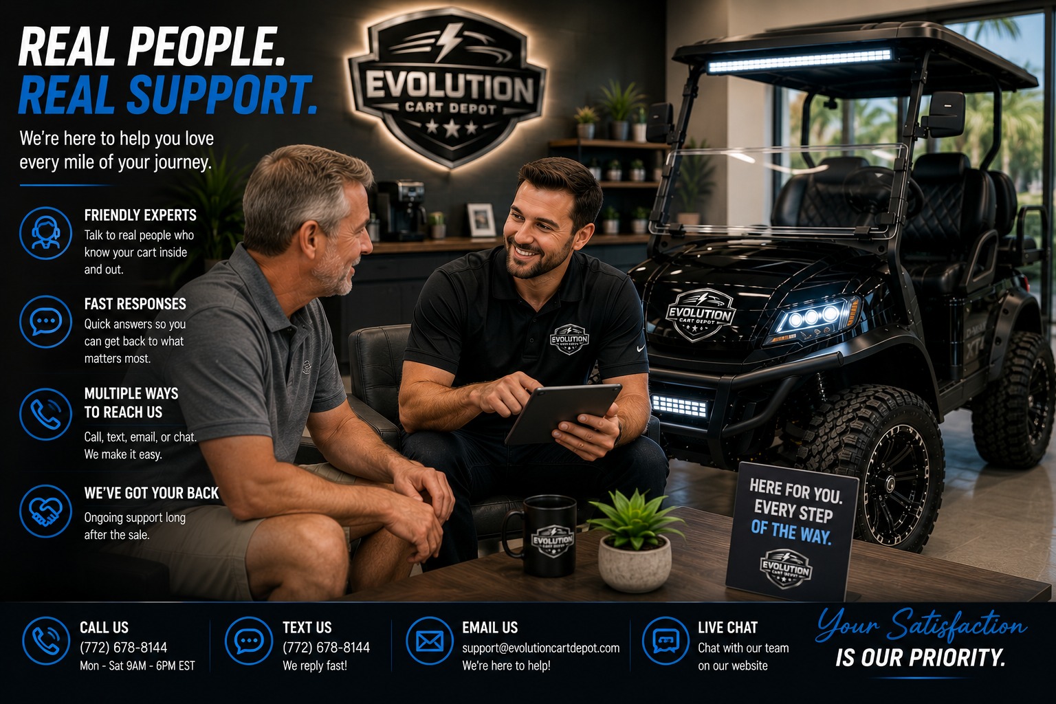 Evolution Cart Depot support specialist assisting customer beside luxury D-MAX XT4 golf cart
