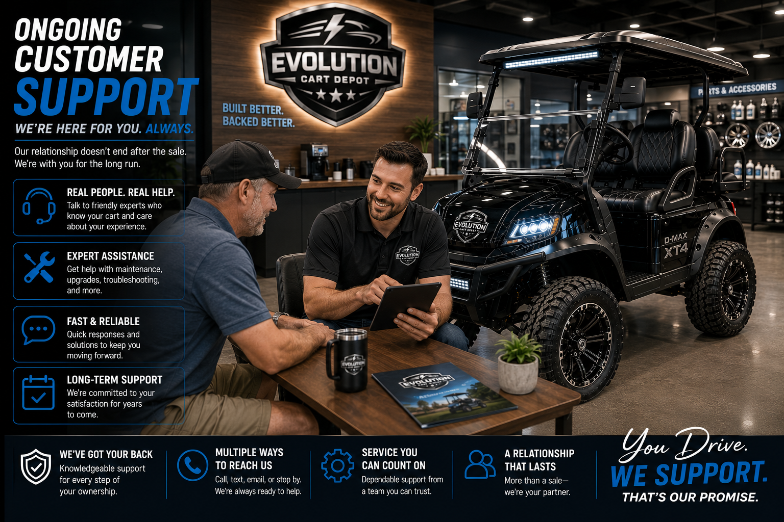 Evolution Cart Depot support specialist assisting golf cart owner beside D-MAX XT4