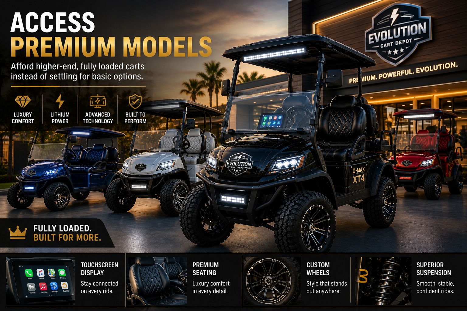 Luxury Evolution D-MAX XT4 golf carts displayed in upscale premium showroom setting