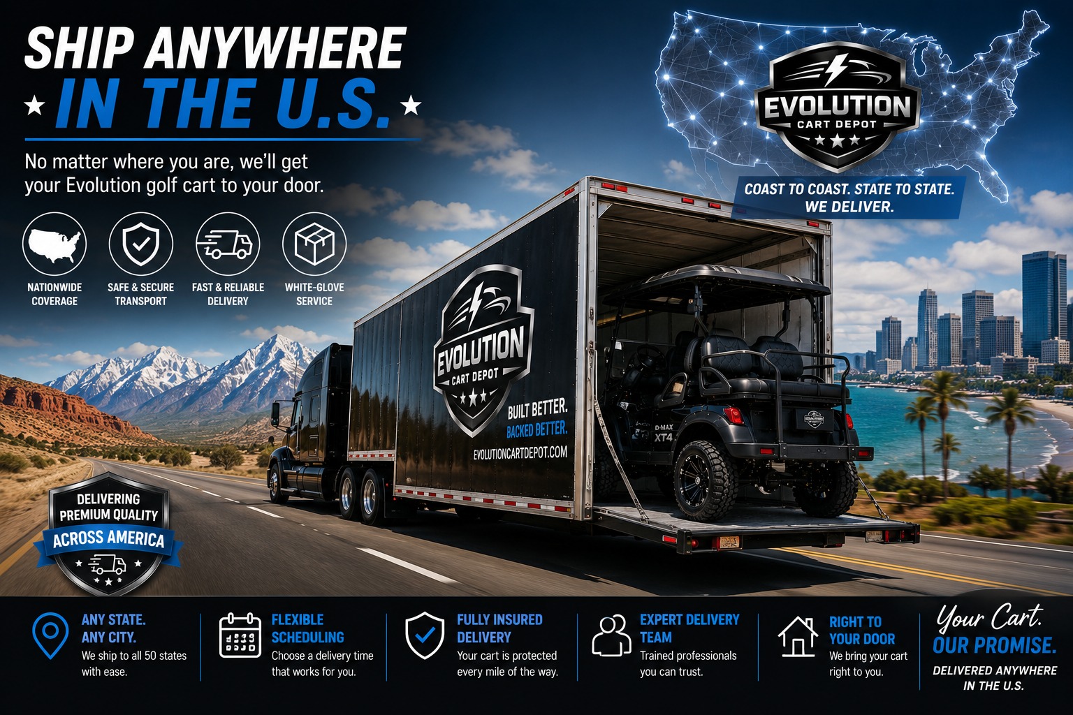Evolution Cart Depot delivery truck transporting D-MAX XT4 golf cart across the United States