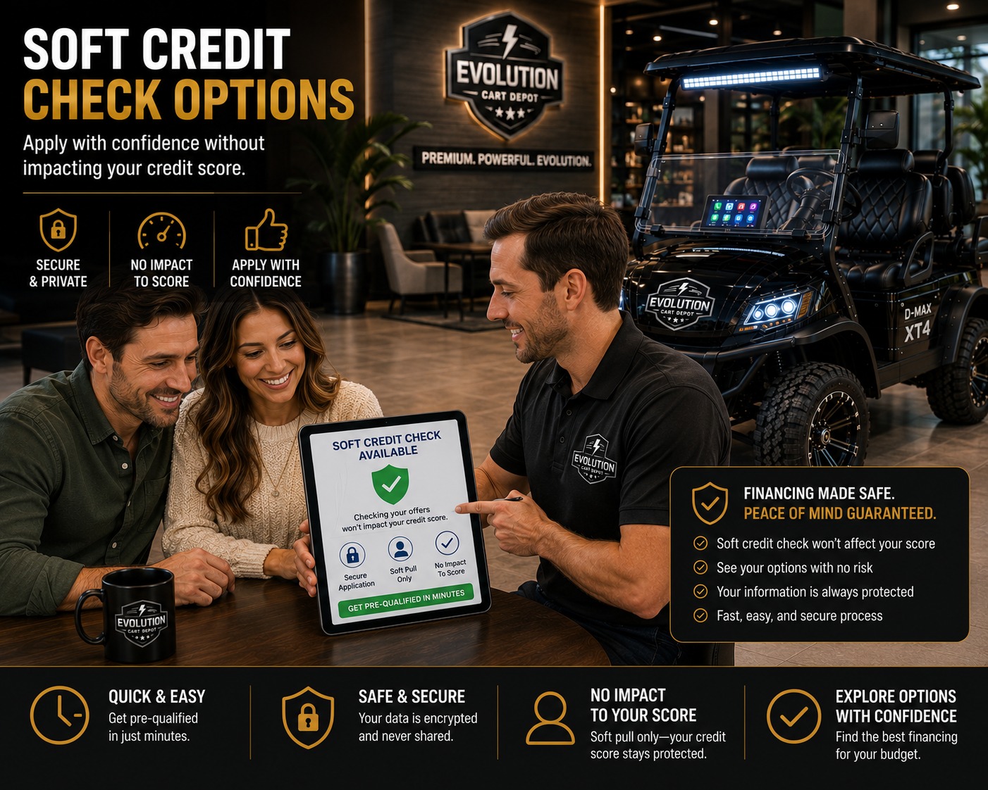 Couple reviewing soft credit check financing options beside Evolution D-MAX XT4 golf cart