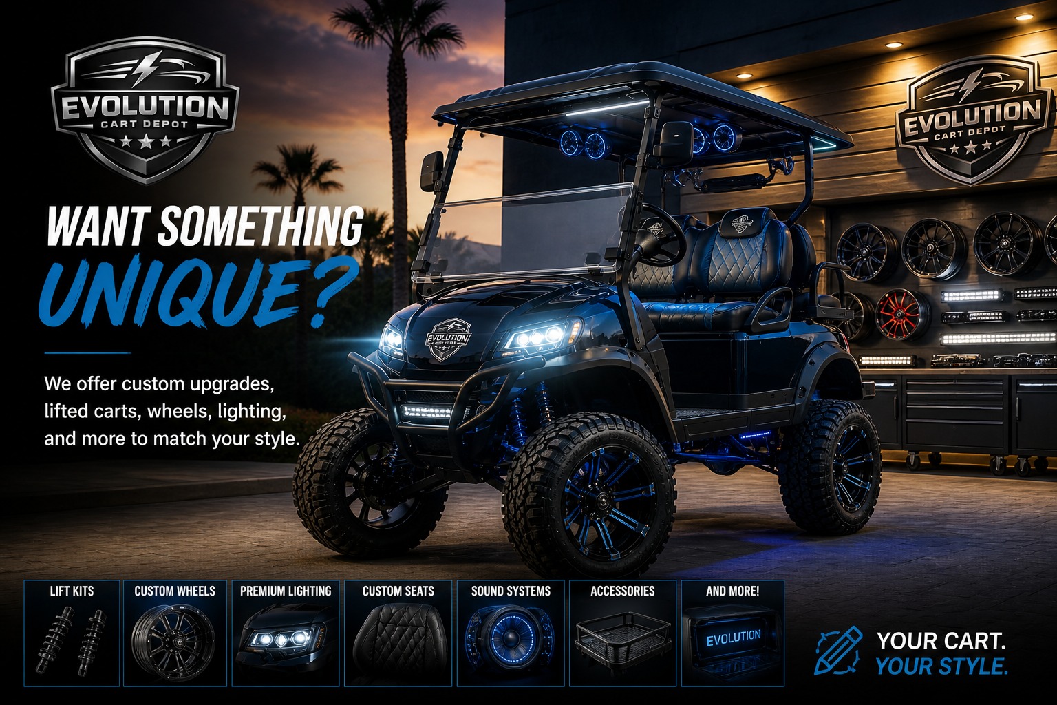 Custom Evolution D-MAX XT4 golf cart with upgraded wheels lighting and premium features in modern garage