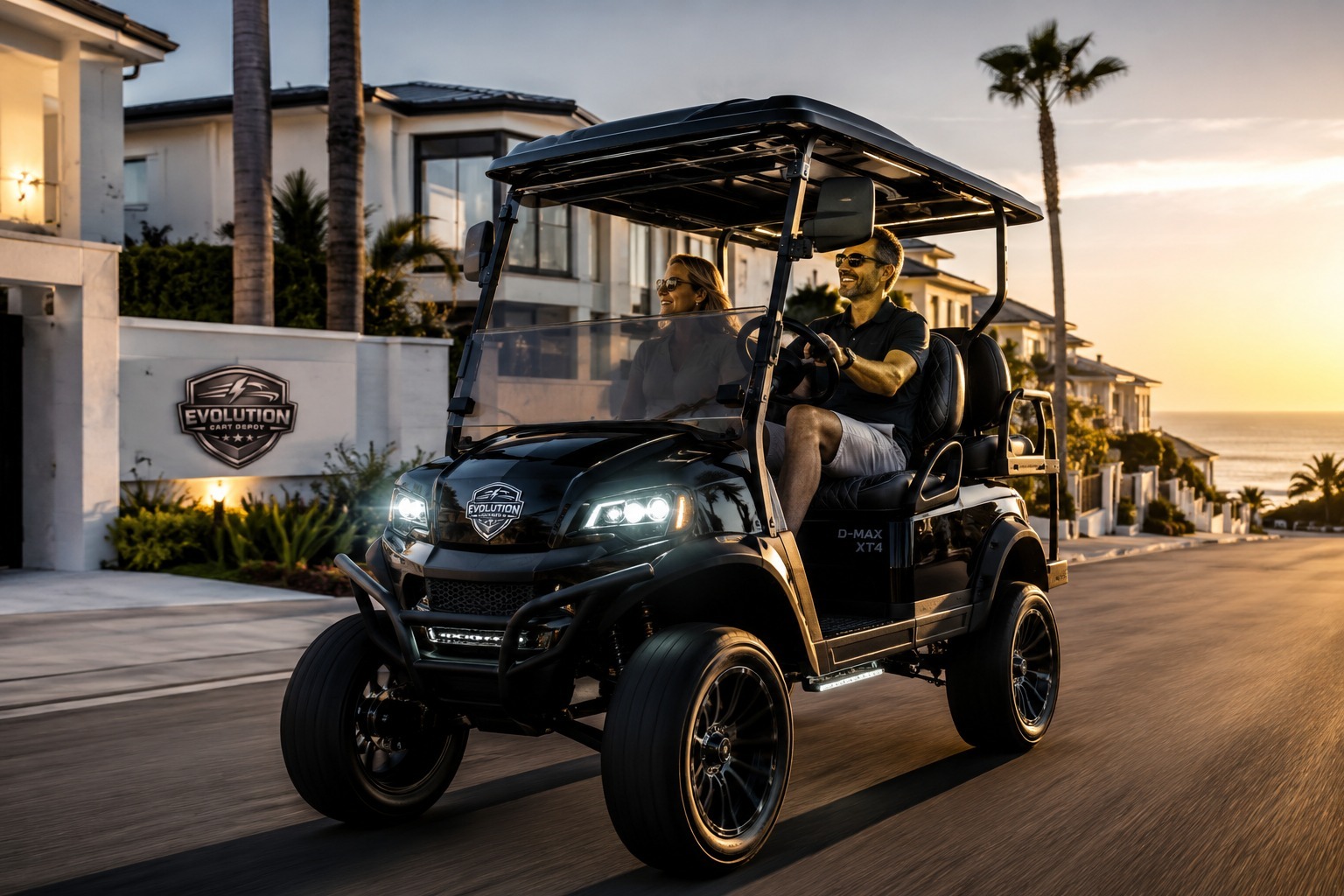 Evolution D5 luxury lithium golf cart driving in upscale neighborhood at sunset