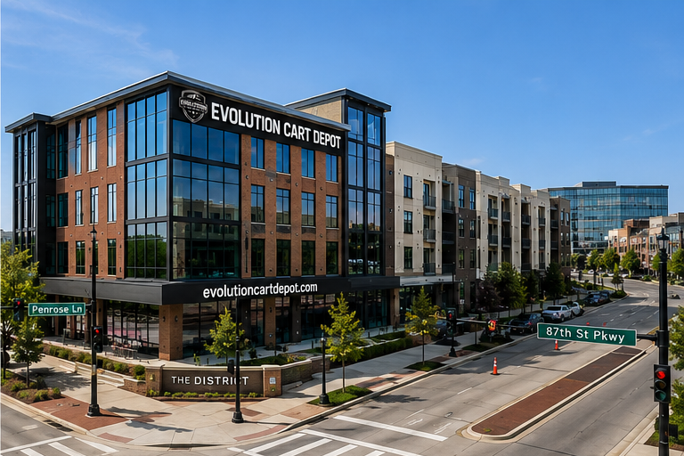 Evolution Cart Depot branded mixed-use commercial building in a modern city district