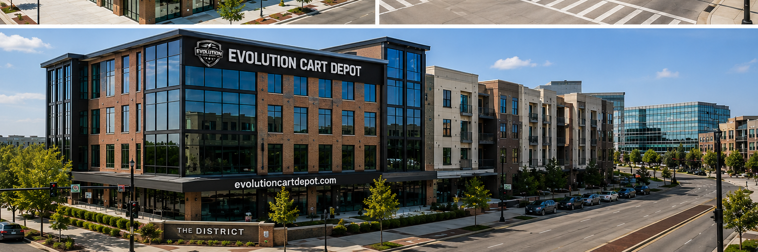 Luxury business center with Evolution Cart Depot branding and modern glass architecture